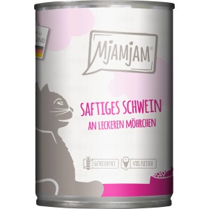 MjAMjAM Katzen-Nassfutter Saftiges Schwein mit Möhrchen, getreidefrei und viel Fleisch im 400g Napf.