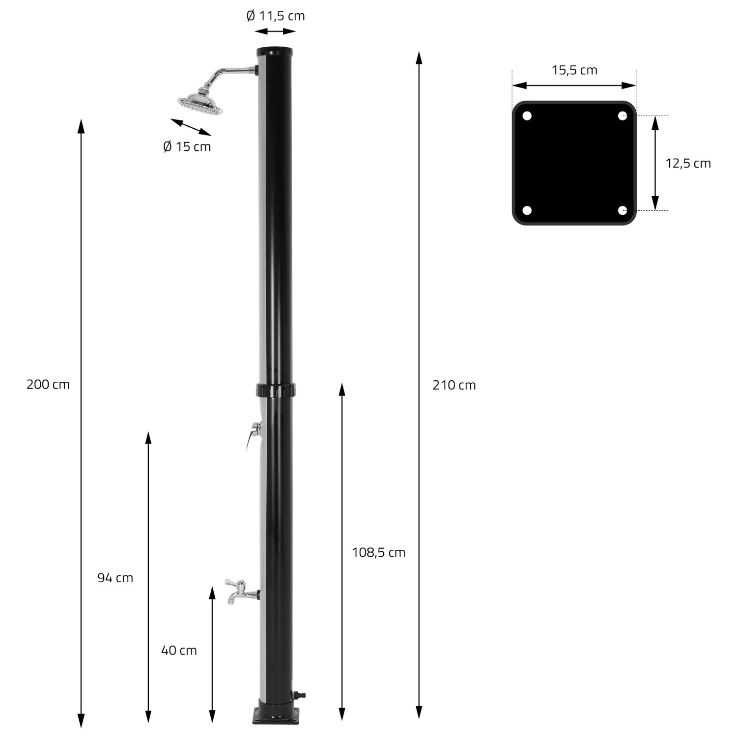 ML-Design Solardusche, 210cm, mit Fußdusche und Regenduschkopf, silber-schwarz.