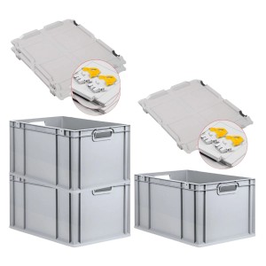 PROREGAL SuperSparSet: 3 graue Euroboxen mit gelben Verschlüssen und Scharnierdeckel, gestapelt.