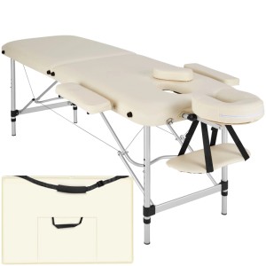 Beige Tectake Massageliege, 60 cm breit, mit Tragetasche, verstellbar und klappbar.