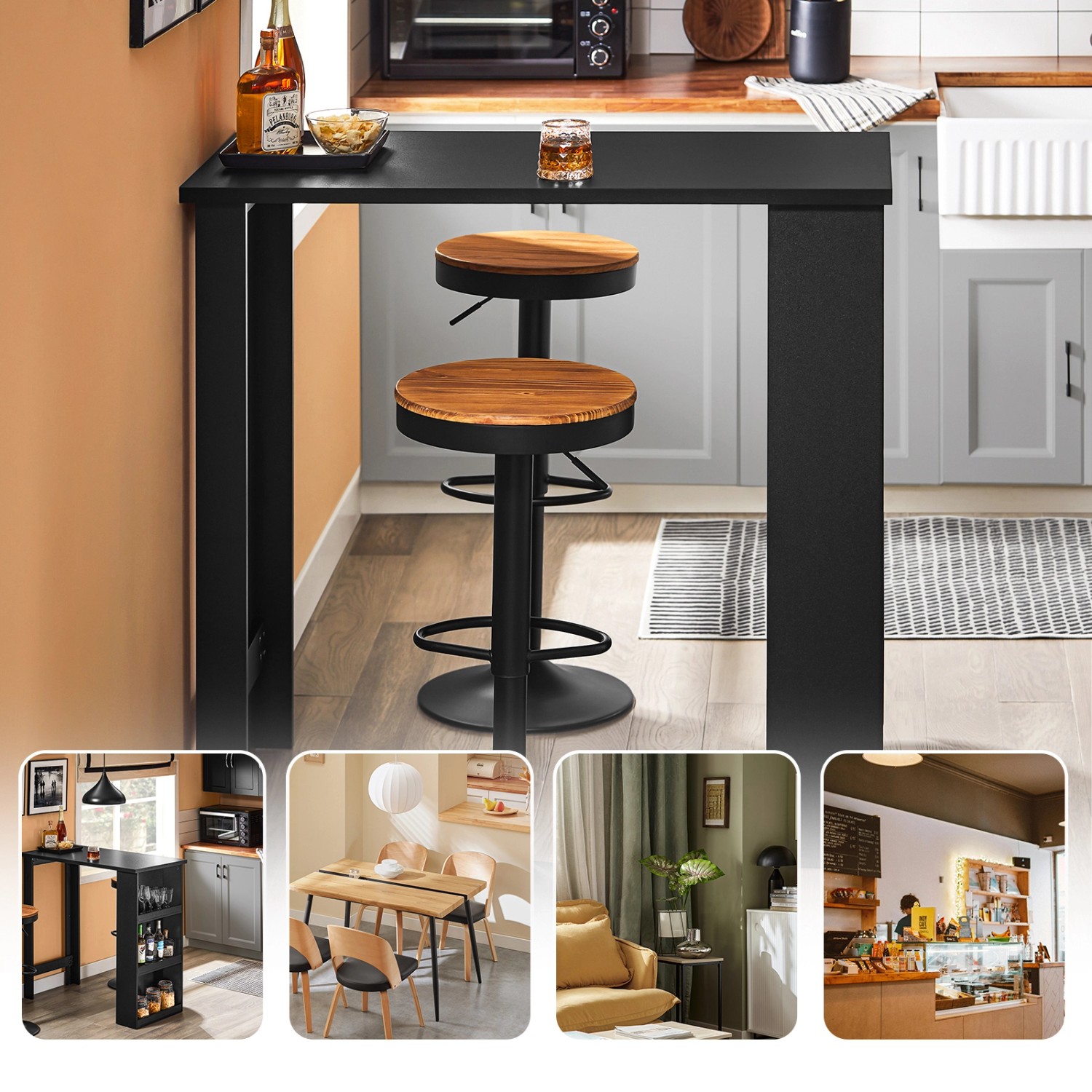Schwarzer SoBuy Bartisch mit Holz-Barhocker und 3 Ablagen für Küche/Wohnzimmer.