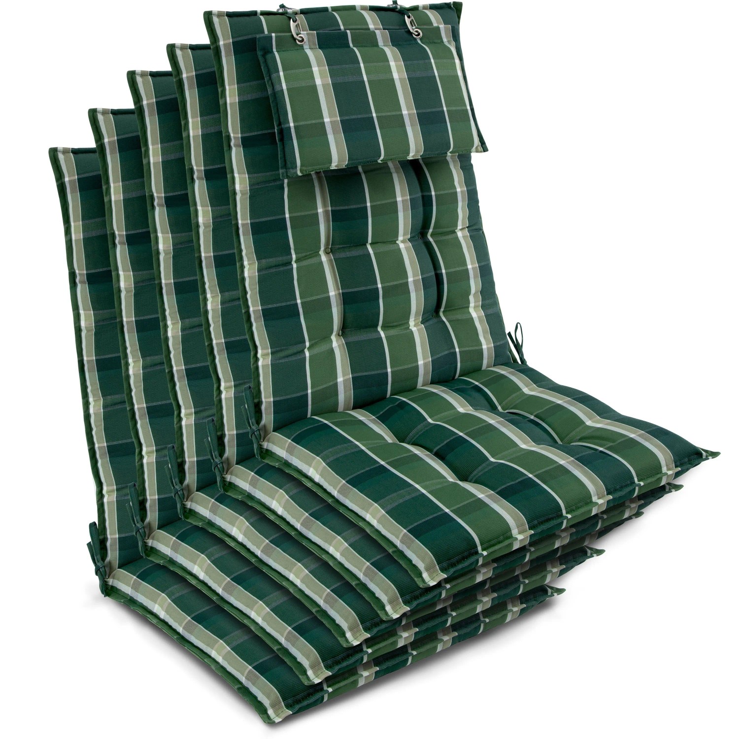 Beautissu 5er Set Sun-HL Hochlehner Auflage 120x50x8cm Grün-Kariert