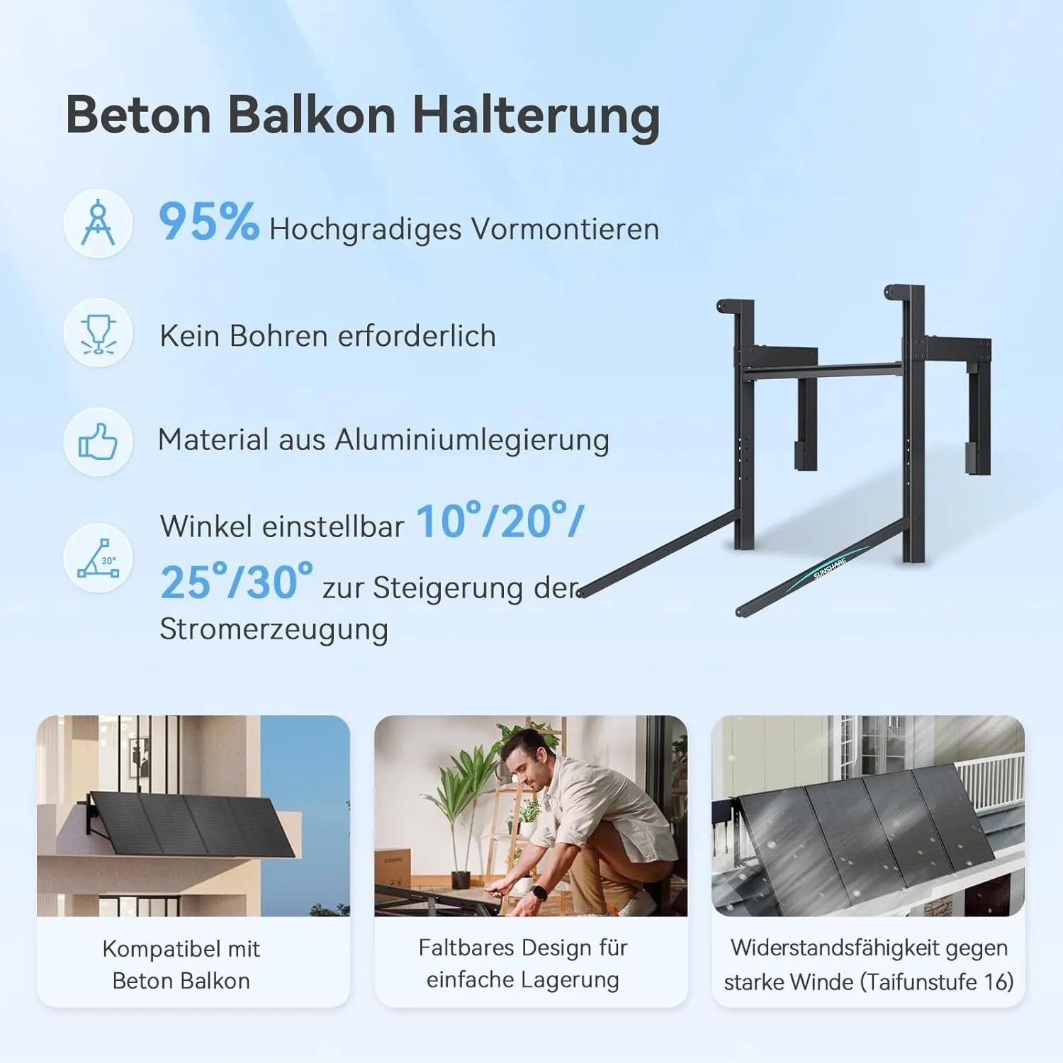 SUNSHARE Balkonkraftwerk Halterung für Betonbalkone, einfache Montage.
