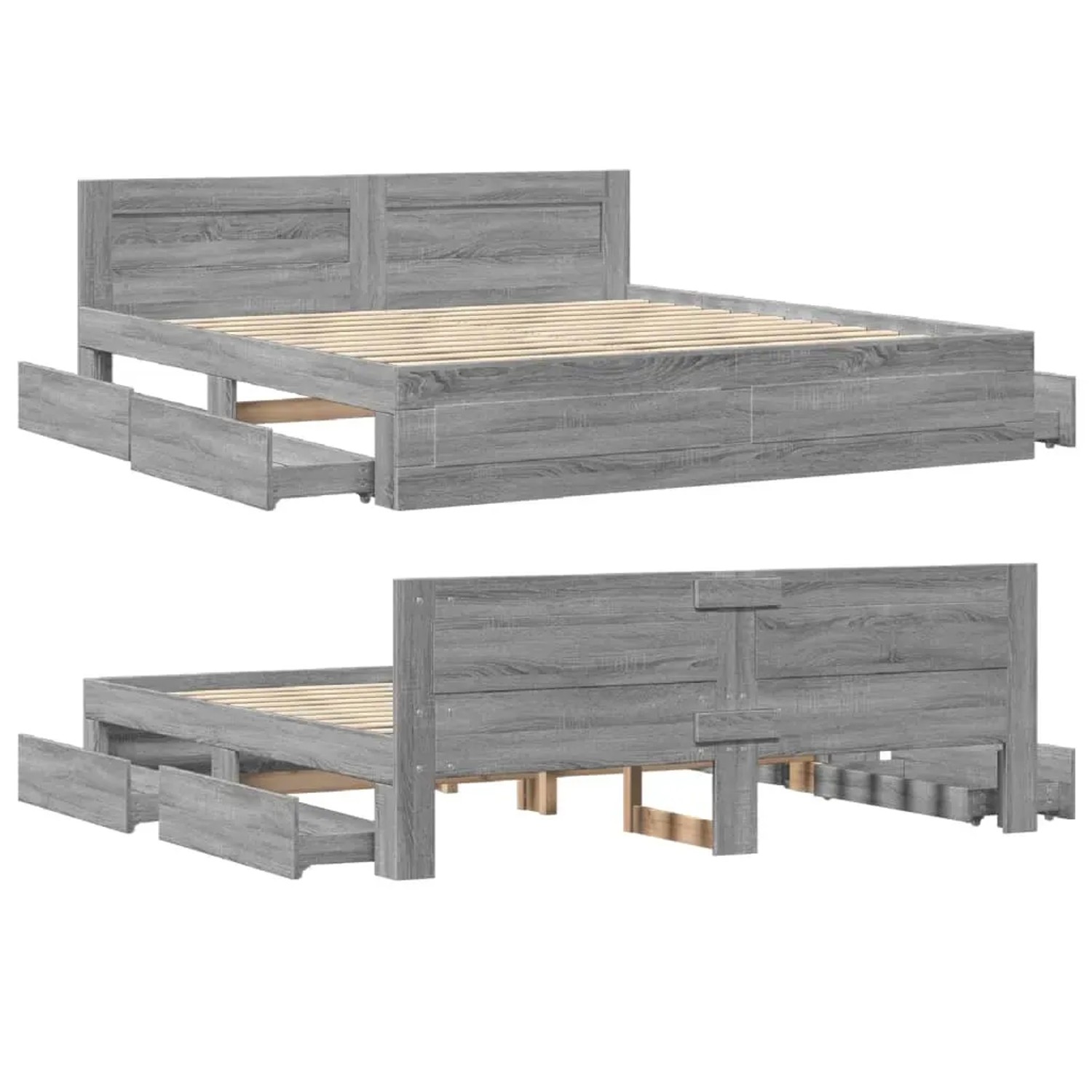 vidaXL Bettgestell mit Kopfteil, Grau Sonoma, 200x200cm, Holzwerkstoff mit Schubladen.