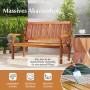 Robuste Gartenbank aus massivem Akazienholz für 2-3 Personen, mit Lattenrost-Sitzfläche und Armlehnen, auf einer Terrasse.