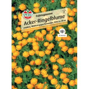 Samenpackung Sperli Acker-Ringelblume Frühlingssonne mit gelben Blüten.