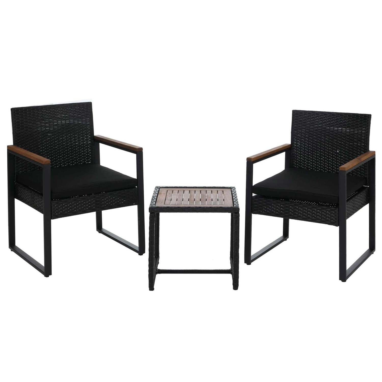 MCW Poly-Rattan Garnitur P74 Garten 2x Stuhl Tisch Akazie Holz Schwarz Polster Schwarz