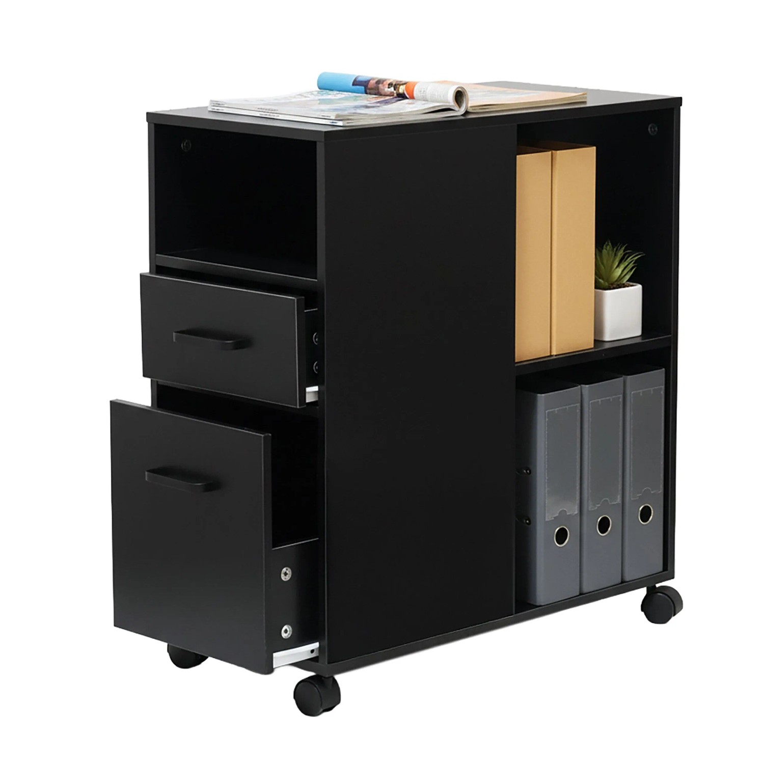 Relaxdays Rollcontainer MDF Kunststoff Schwarz mit Rollen und Bremsen 65 cm x 30 cm x 60 cm 5,4 kg