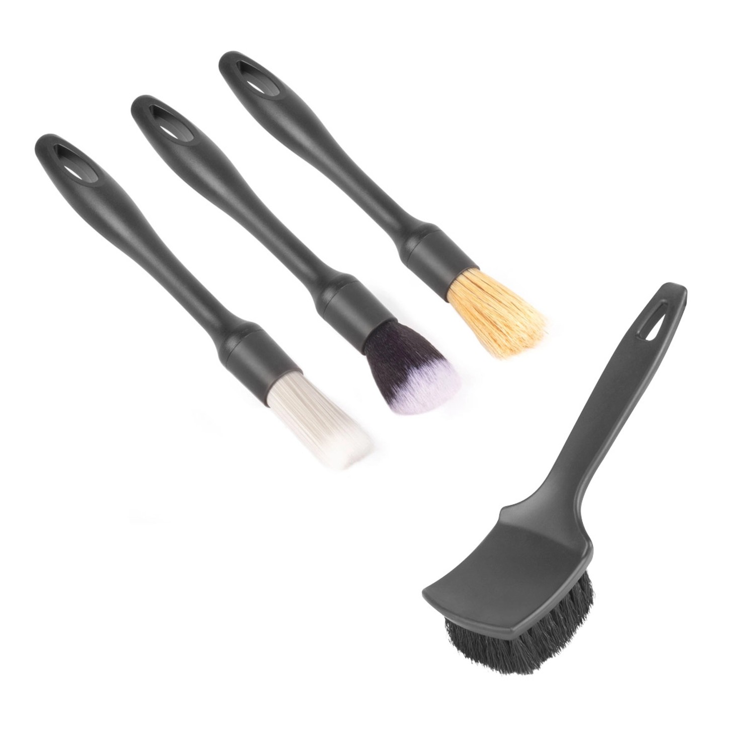 STAHLWERK Autoreinigungsbürsten-Set mit 4 Detailpinseln und Felgenbürste, schwarzer Kunststoffgriff.