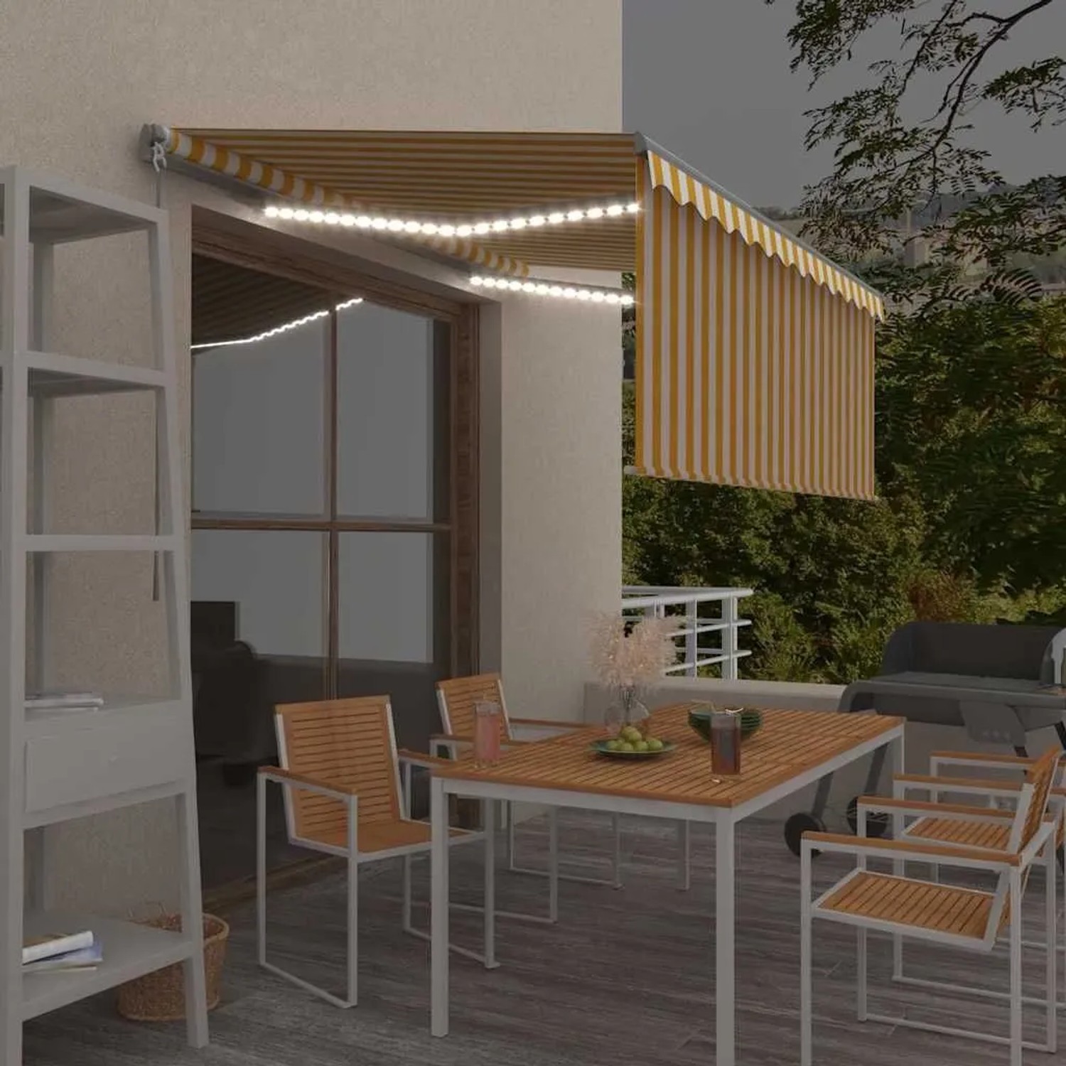 vidaXL Markise, gelb-weiß gestreift, 3x2,5m, mit Rollo und LEDs über Terrassenmöbeln. Manueller Sonnenschutz.