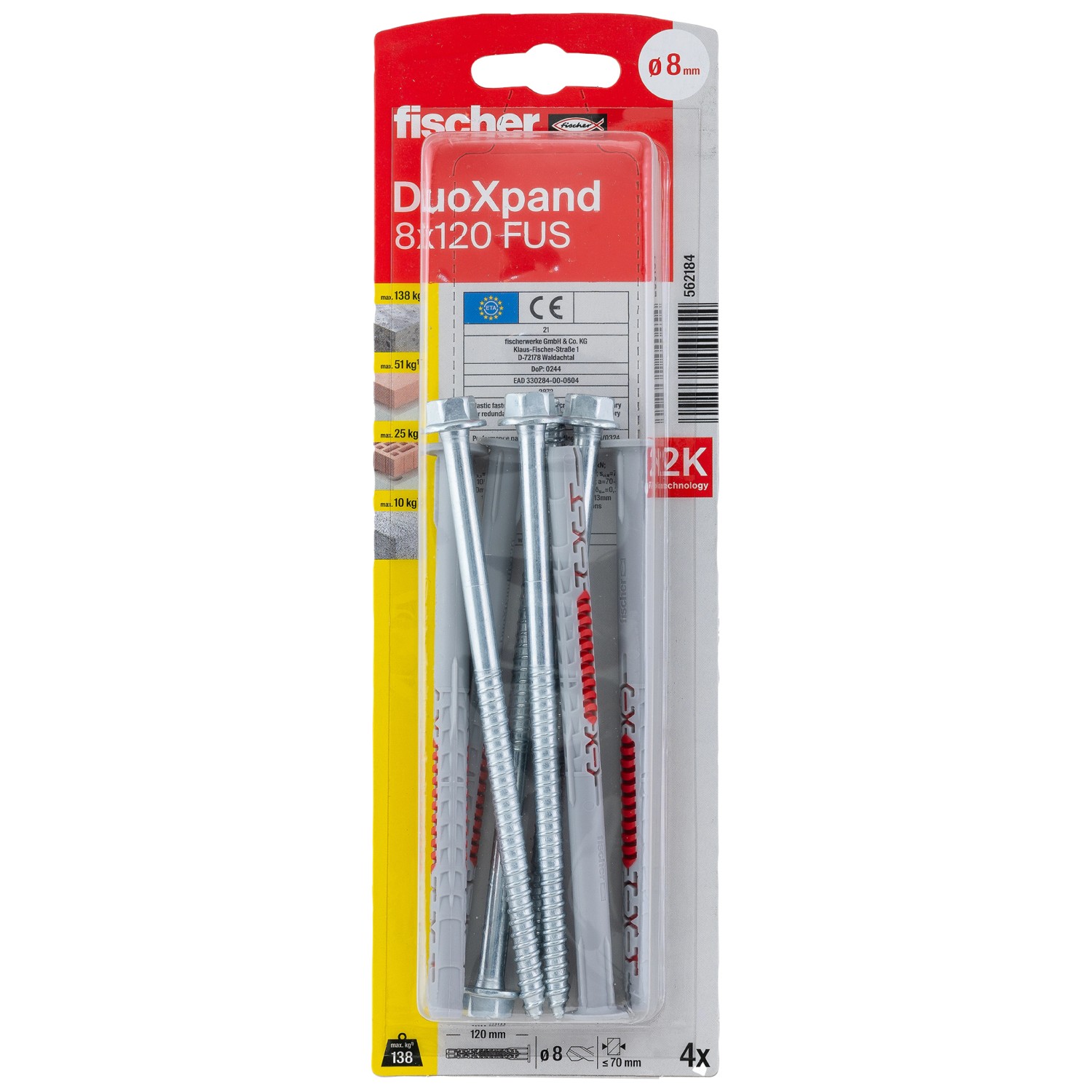 Fischer Langschaftdübel DuoXpand FUS 8 x 120 Sechskantschraube U-Scheibe 4 Stück