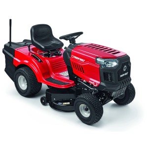Roter Troy-Bilt Rasentraktor Pony 92T-R mit Heckauswurf und Grasfangbox.