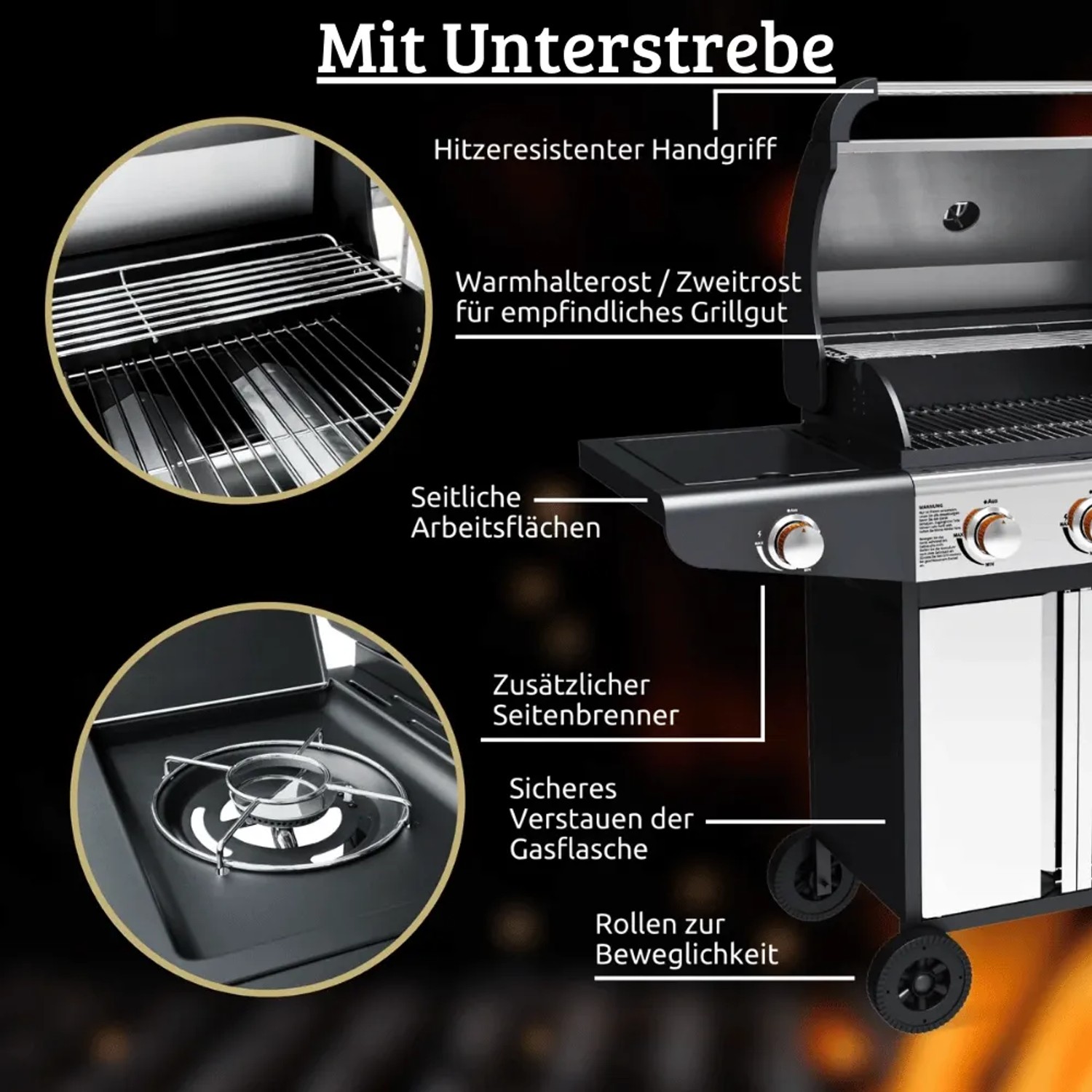 DELUKE Gasgrill 3+1 Brenner mit Deckel DELO mit Handschuhe Grillwagen mit Seitenbrenner Campinggrill mit Seitenablage Thermometer_4