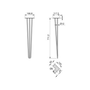 Technische Zeichnung eines schwarzen Hairpin Tischbeins aus Stahl, 710 mm hoch, mit 3 Stangen und Maßen.