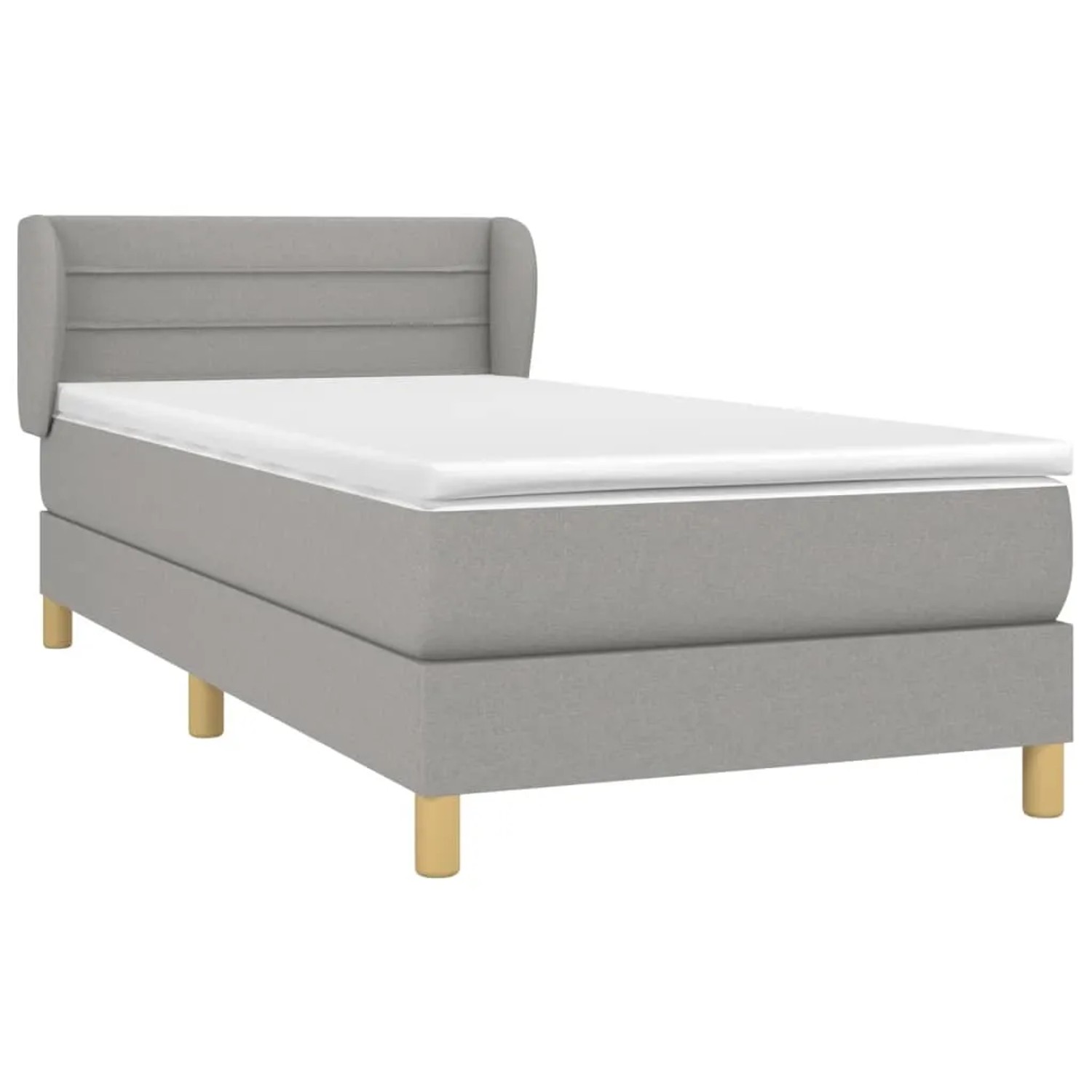 Hellgraues Boxspringbett 100x200 cm mit Matratze und Kopfteil.