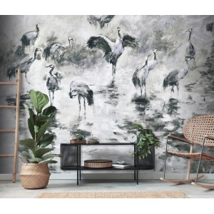 Erismann Fototapete Guido Maria Kretschmer Kraniche Grau 3,0x2,7m mit Kranich-Motiv im Wohnraum.