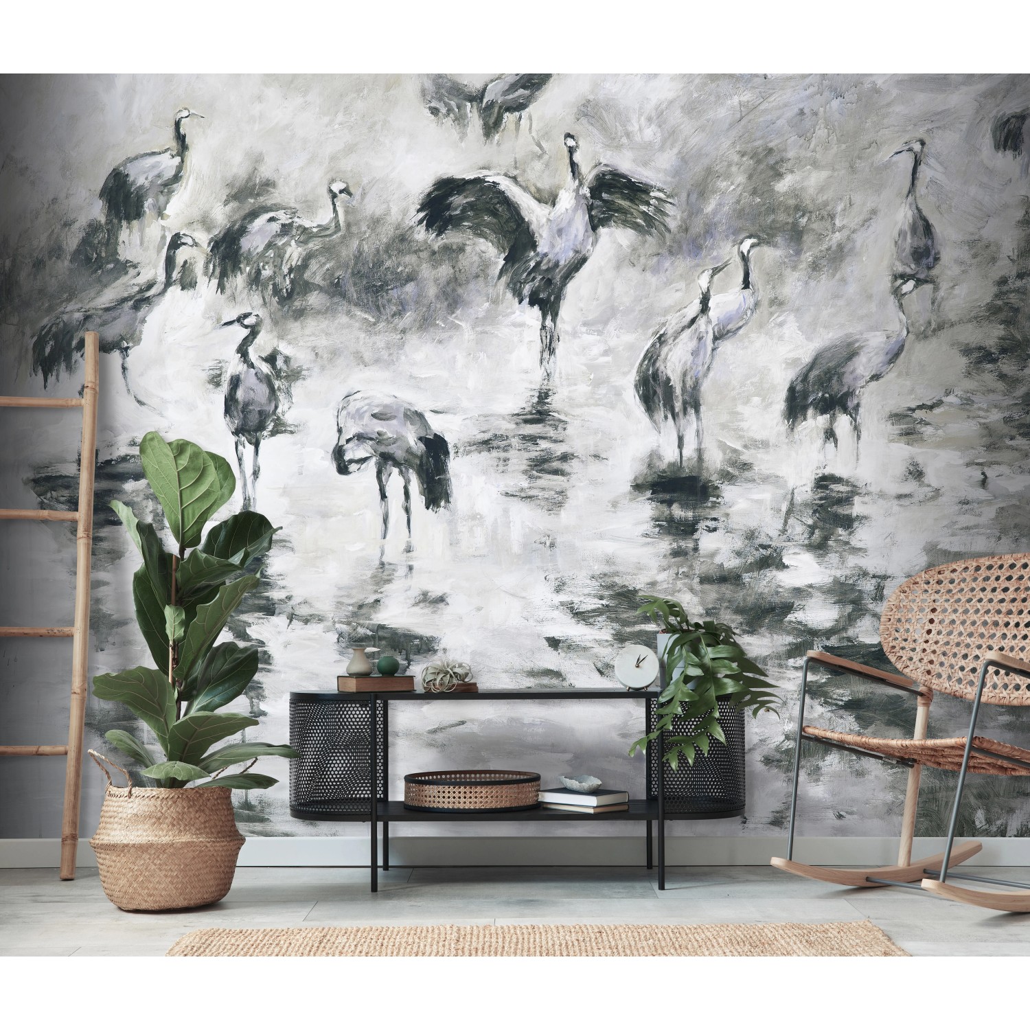 Erismann Fototapete Guido Maria Kretschmer Kraniche Grau 3,0x2,7m mit Kranich-Motiv im Wohnraum.