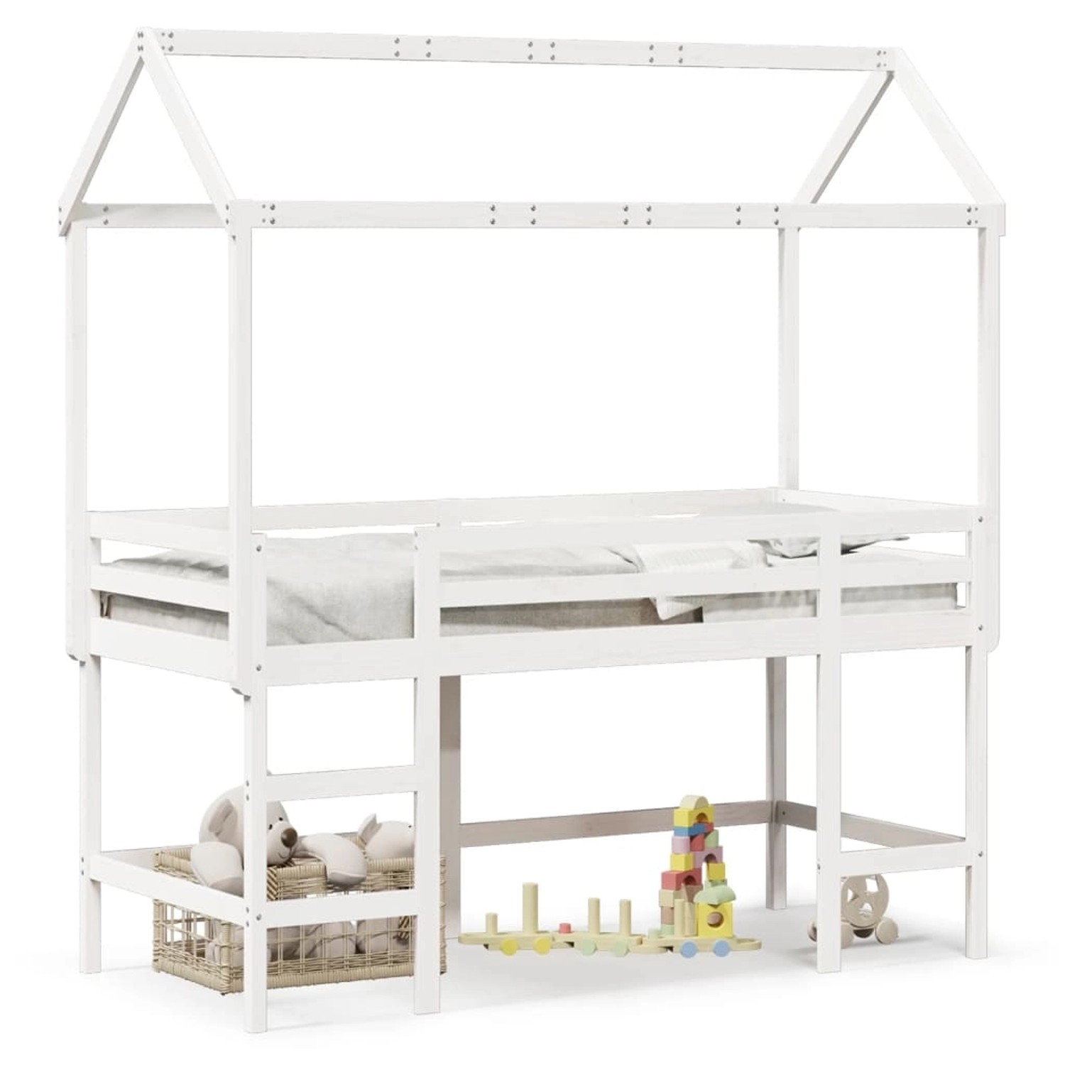 vidaXL Hochbett mit Leiter und Dach Weiß 90x200 cm Massivholz Kiefer 3282151