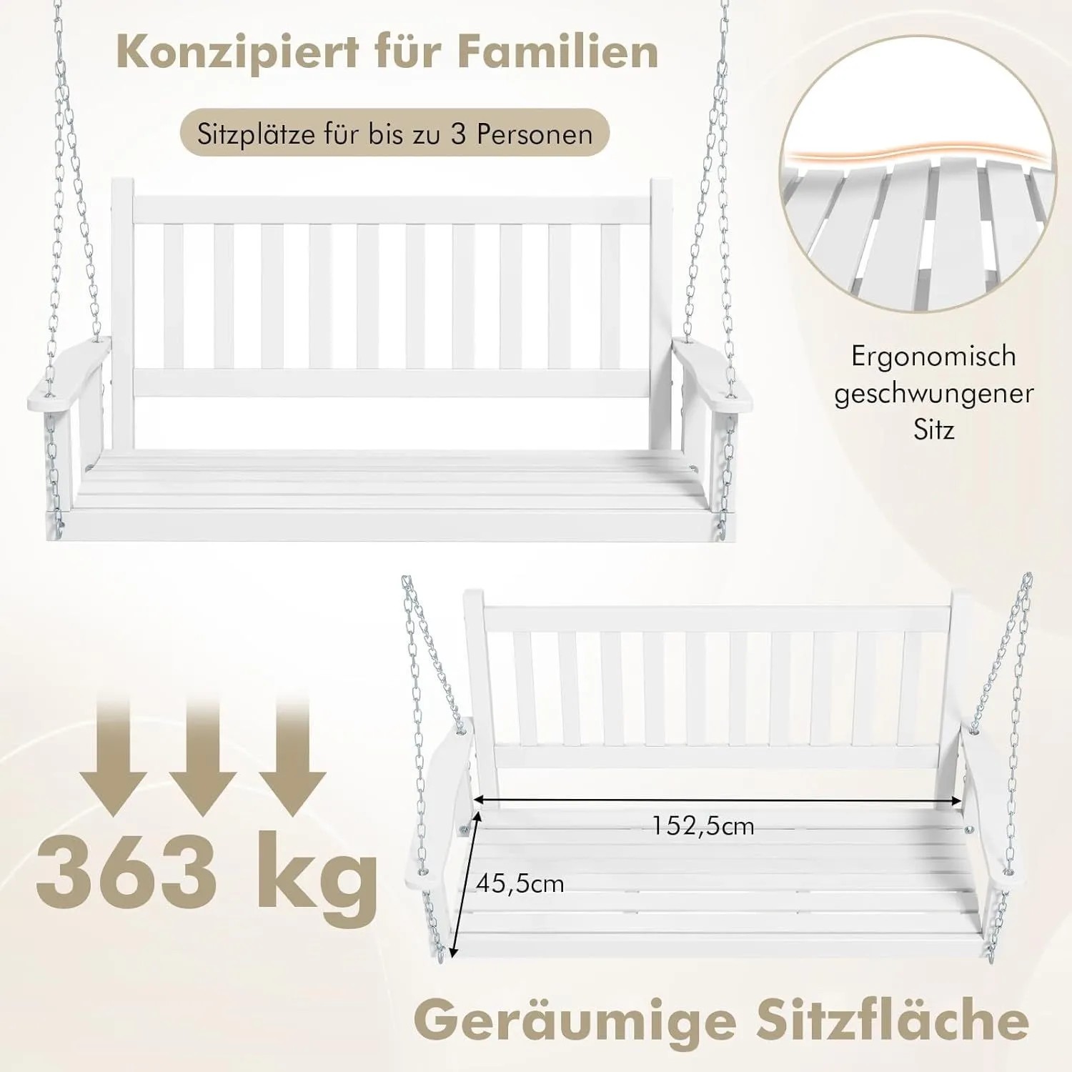 Costway Hängebank Aus Massivholz 3-Sitzer Gartenschaukel Zum Aufhängen Weiß_4