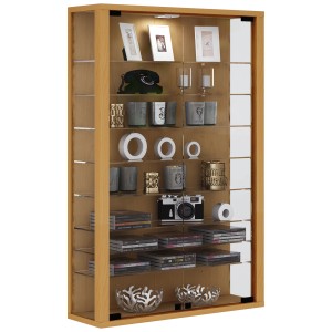 Wandhängende Vitrine Buche Dekor mit Glastüren und Glasböden.