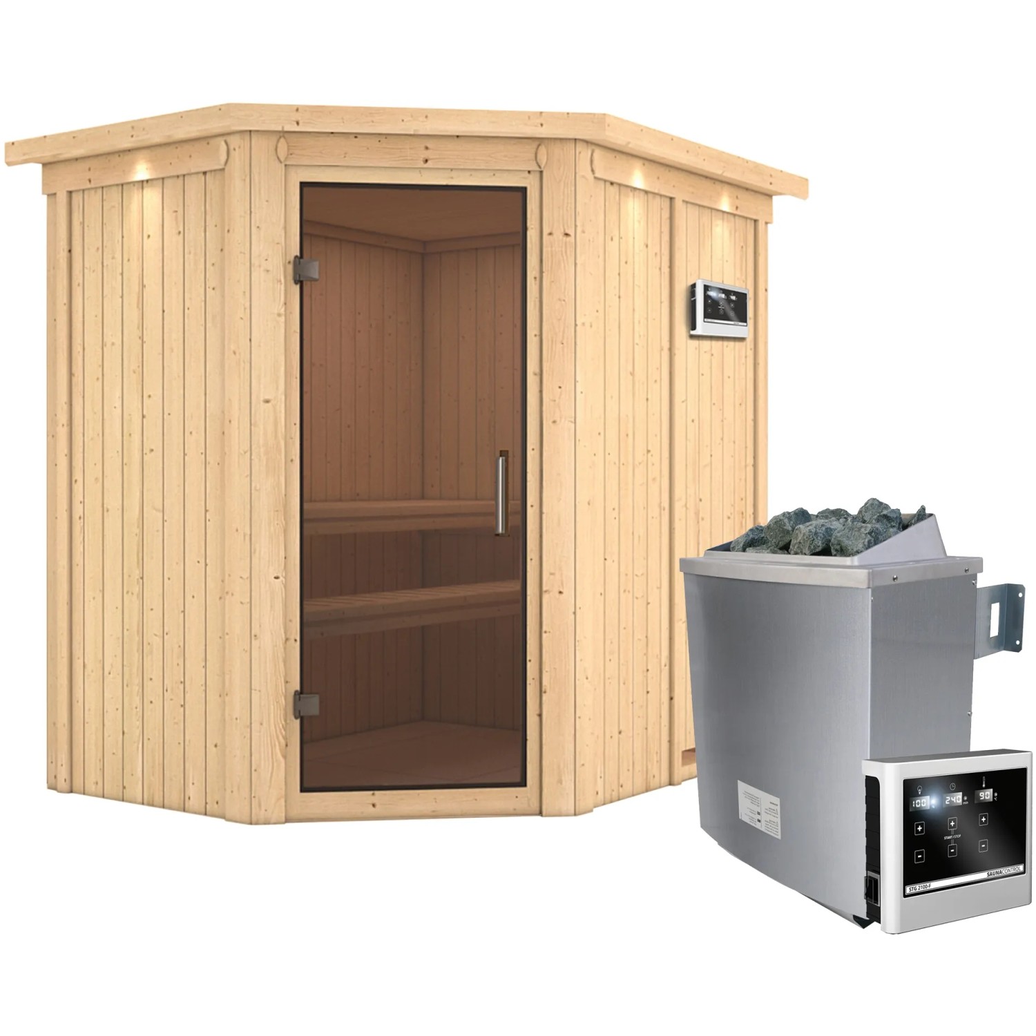 Karibu Sauna-Set Cleo inkl. Ofen 9 kW mit ext. Steuerung, Dachkranz, Tür Graphit