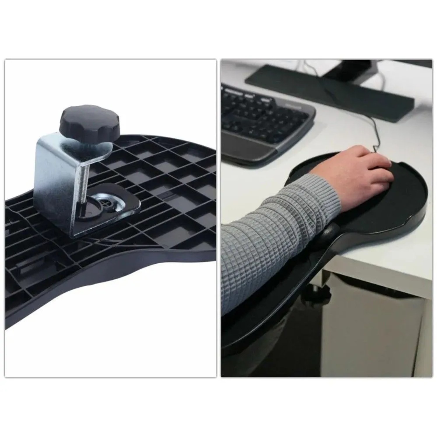 Schwarze MCW Armauflage N76 mit integriertem Mauspad, Schraubklemme für Schreibtisch, ergonomische Handgelenkstütze für Büro.
