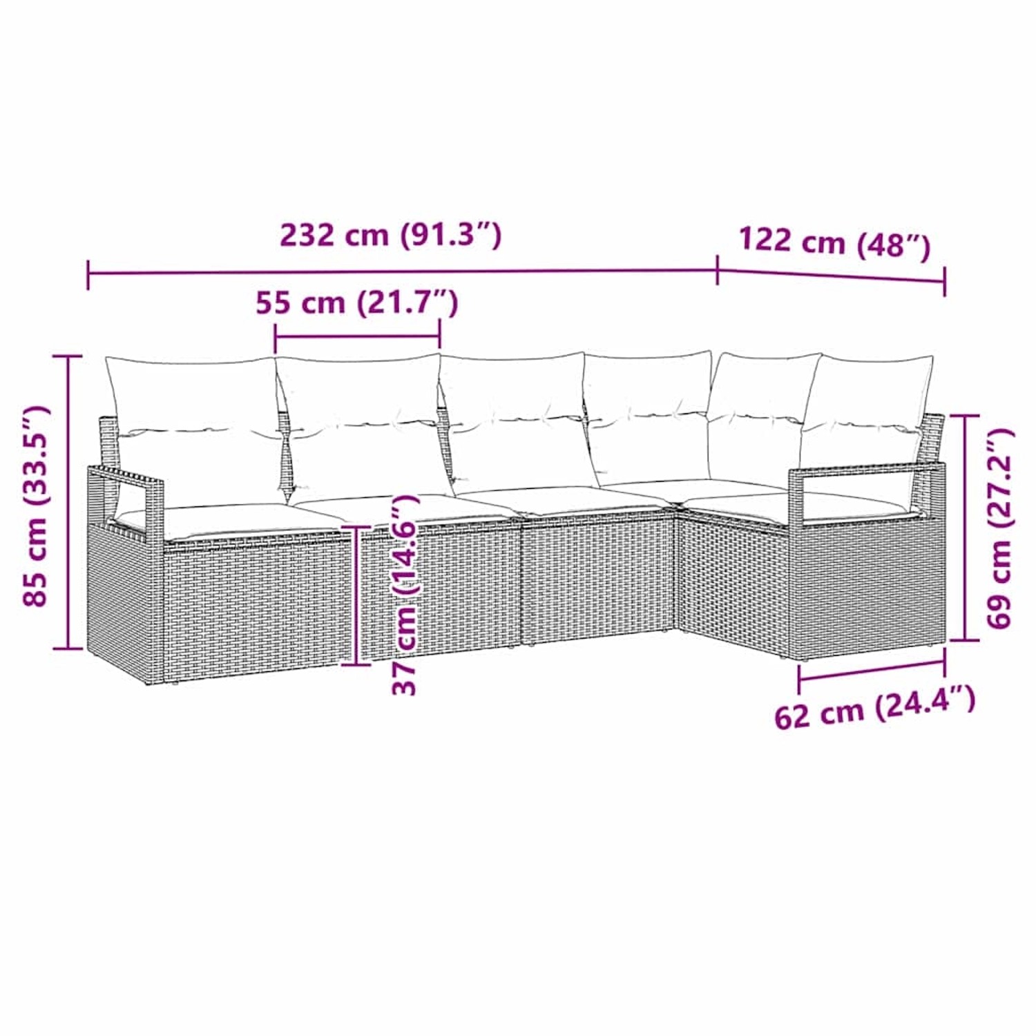 vidaXL Garten-Sofa-Set, 5-teilig, braunes Poly Rattan, mit Maßangaben.