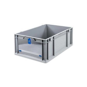 Graue Eurobox mit blauem Deckel, 44 Liter. Ideal zur Aufbewahrung und Transport.