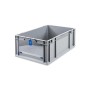 Graue Eurobox mit blauem Deckel, 44 Liter. Ideal zur Aufbewahrung und Transport.