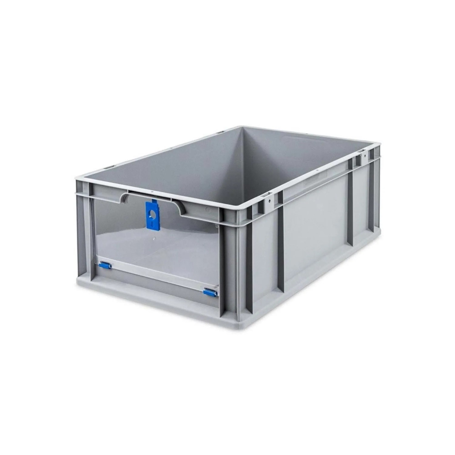 Graue Eurobox mit blauem Deckel, 44 Liter. Ideal zur Aufbewahrung und Transport.