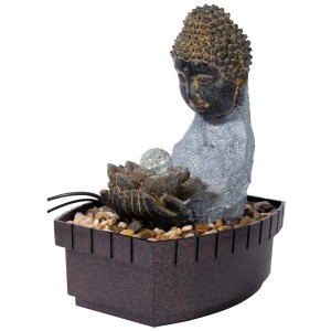 Dobar Zimmerbrunnen mit Buddha-Figur aus Polyresin, 27x20,5x16,5 cm. Inkl. Pumpe und LED.