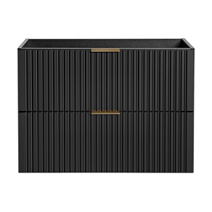Schwarzer Zevara Waschbeckenunterschrank 80 cm mit gerippter Oberfläche, 2 Schubladen und goldenen Griffen im Art Déco Stil.