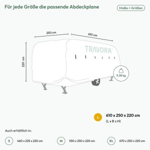 Abbildung einer TRAVORA Wohnwagen Abdeckplane Größe L (610x250x220cm).