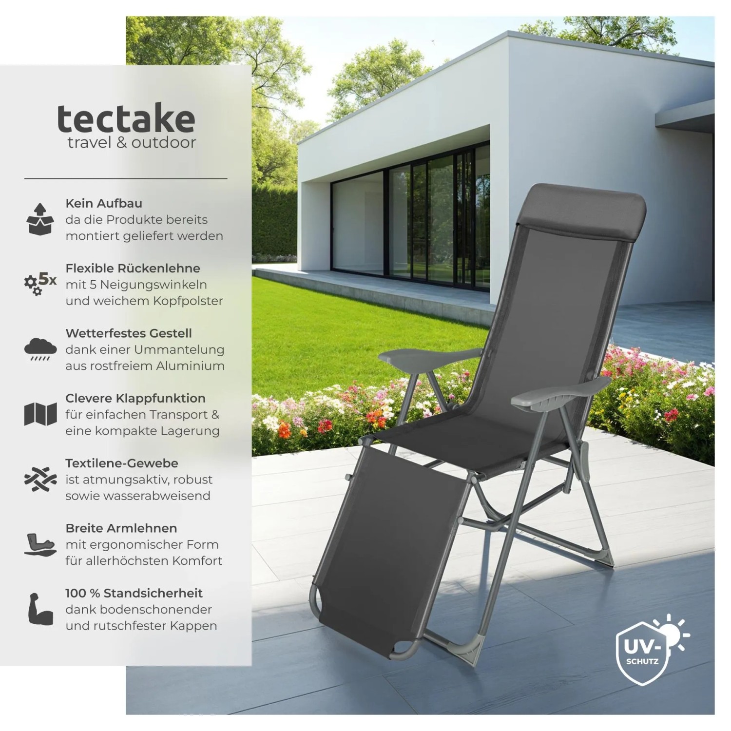 Tectake Aluminium Gartenstuhl Jana, anthrazit, klappbar, verstellbar, mit Kopfpolster auf Terrasse.