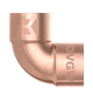 Kirchhoff Winkel 90° aus Kupfer, 15 mm, mit 2 Muffen, blank für Lötfittings.