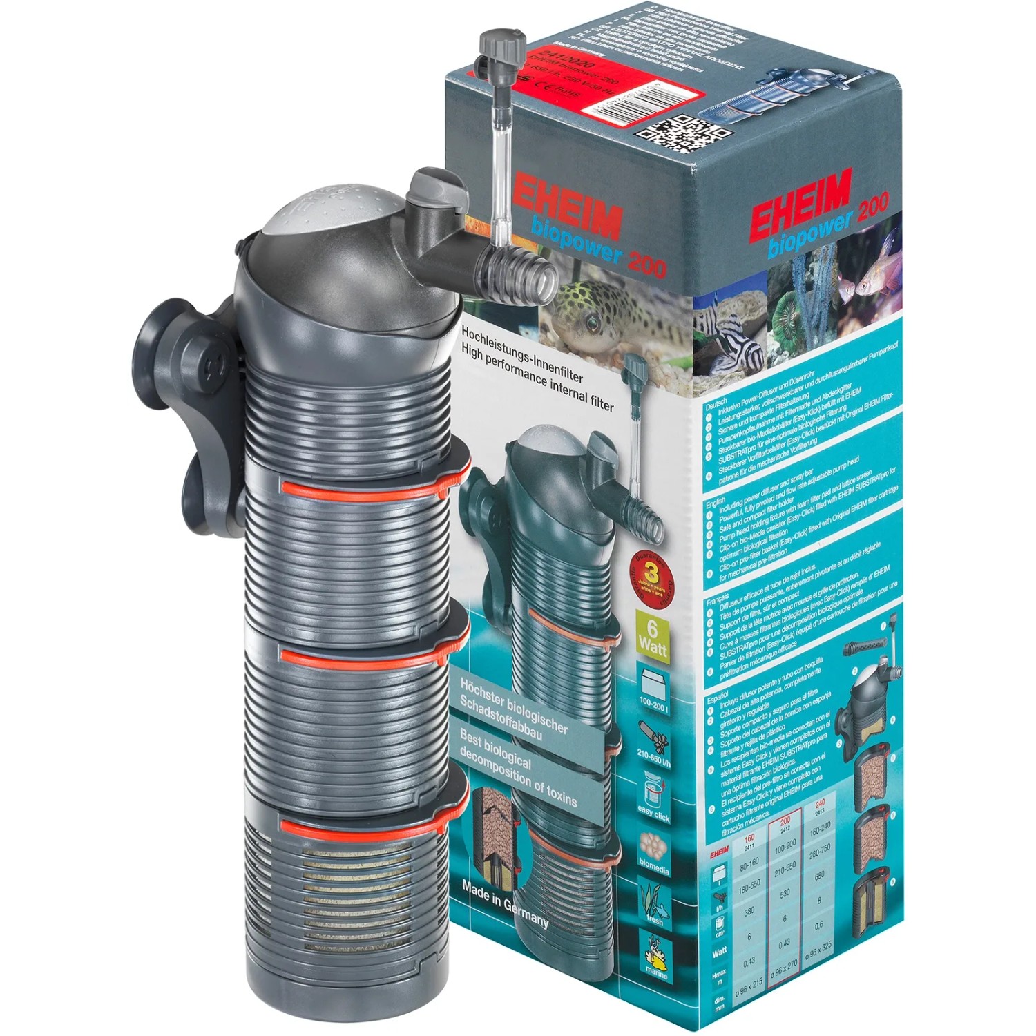 Eheim Biopower 200 Innenfilter für Aquarien, mehrstufige Filterung, schwenkbarer Pumpenkopf.
