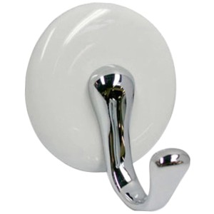 Weißer Porzellan Wandhaken SP68 mit glänzendem Metallbügel.