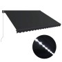 Anthrazitgraue manuelle Markise mit Kurbel und integrierter LED-Beleuchtung. Ideal für Terrasse.