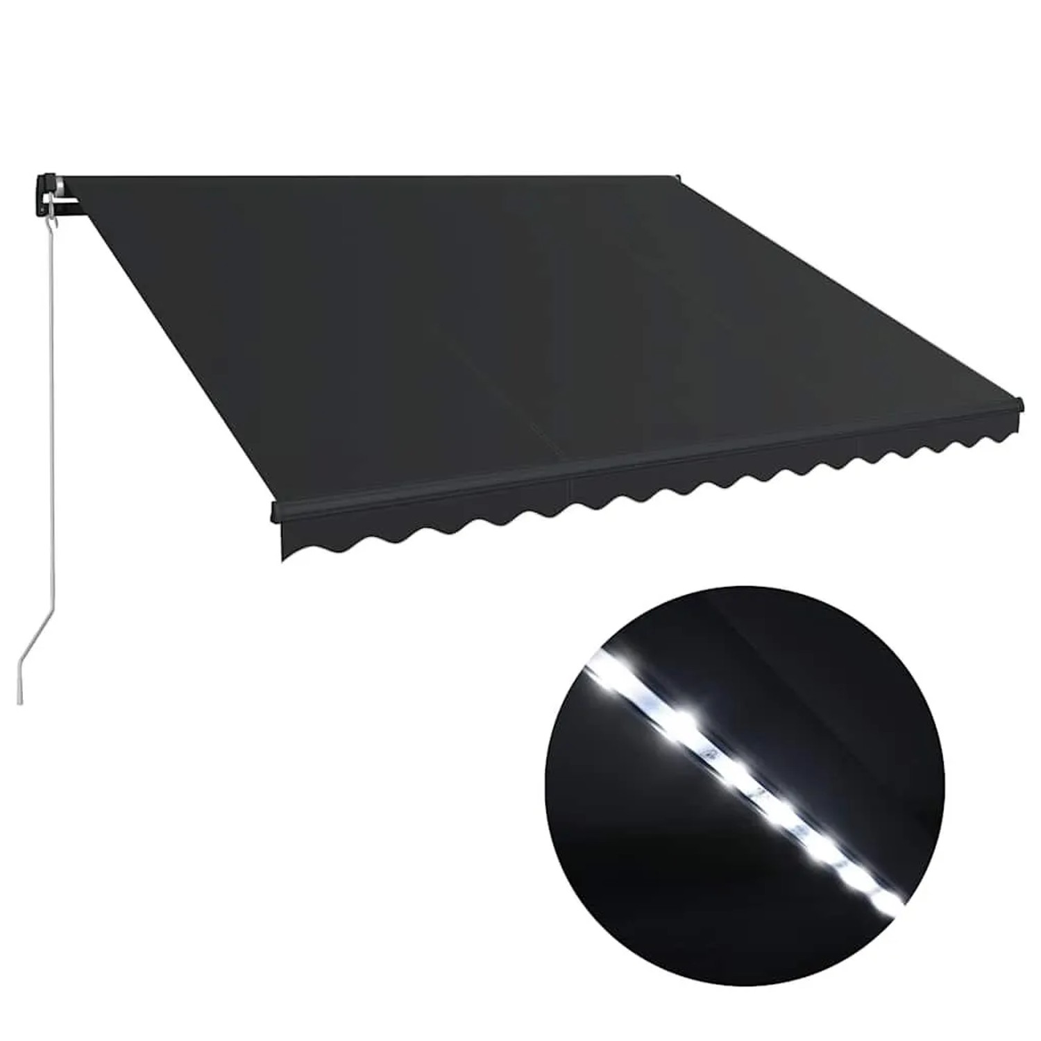 Anthrazitgraue manuelle Markise mit Kurbel und integrierter LED-Beleuchtung. Ideal für Terrasse.