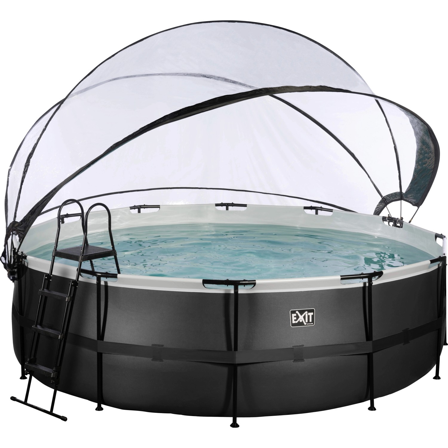 Schwarzer Exit Stahlrahmen Pool mit Abdeckung, Leiter und Sandfilterpumpe, ø 450x122 cm.