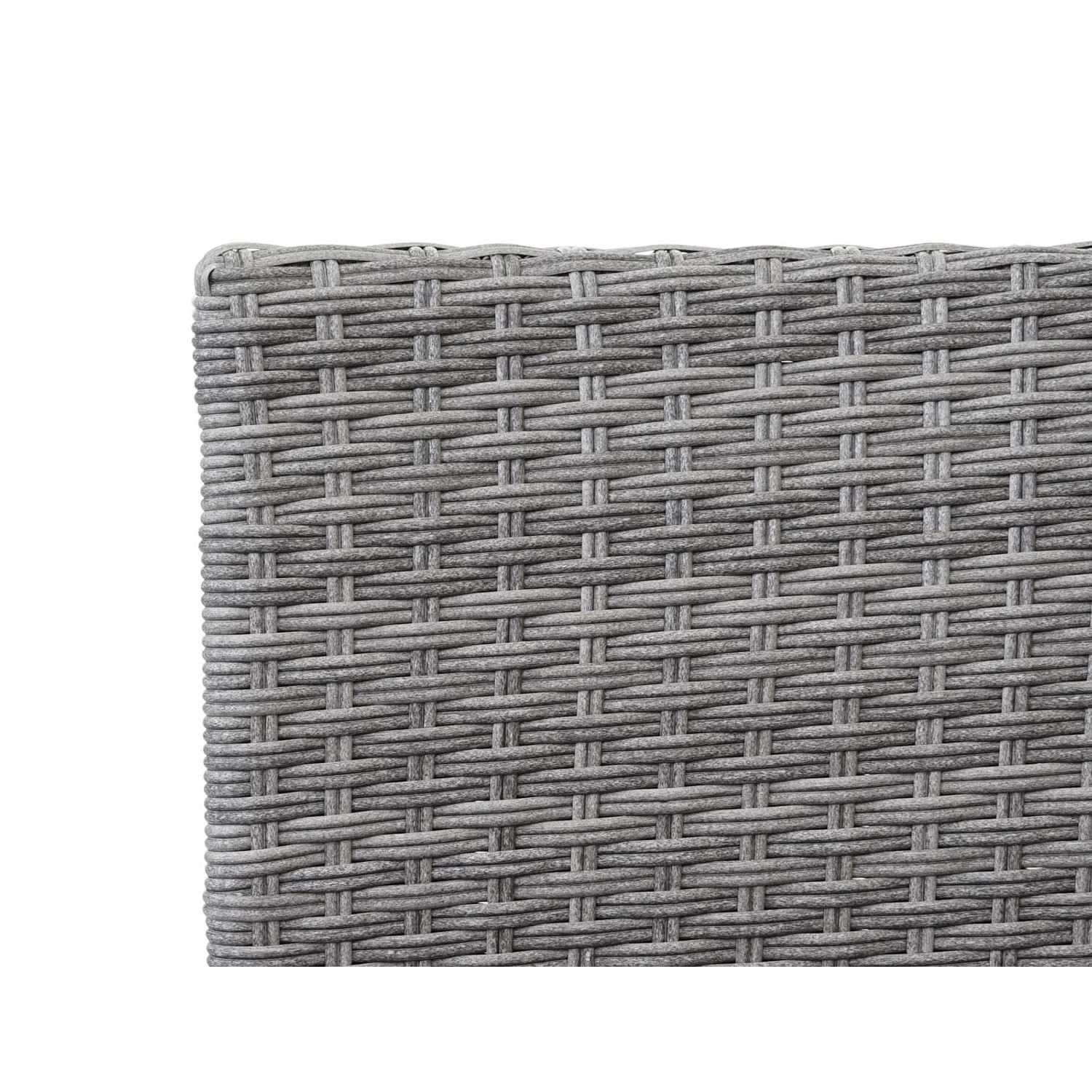 Detailaufnahme der grauen Poly-Rattan Gartenbank mit Tisch. Struktur des Rattans gut sichtbar.