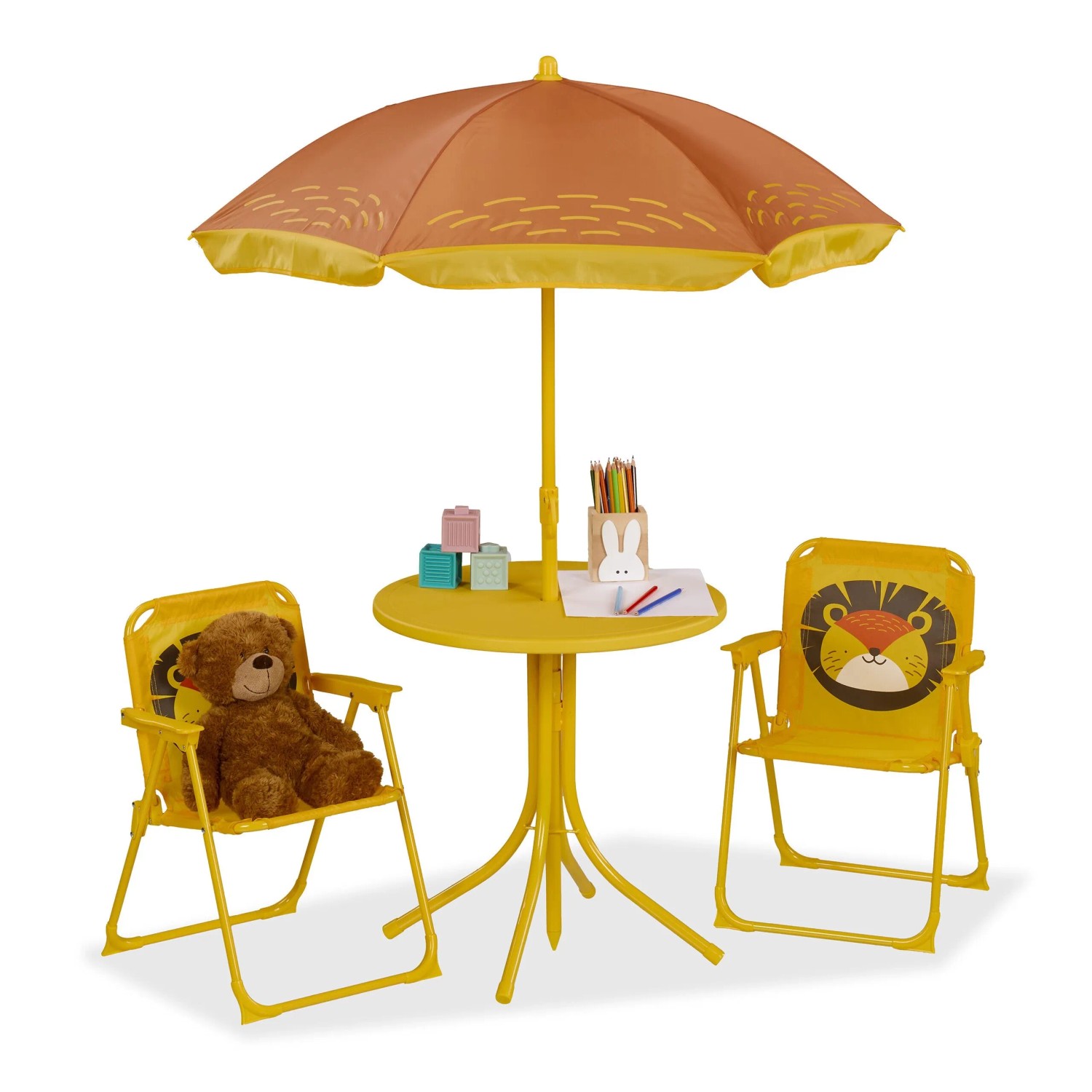 Relaxdays Kindersitzgruppe Eisen Kunststoff Polyester mit Schirm Löwe 53 cm x 36 cm x 37,5 cm