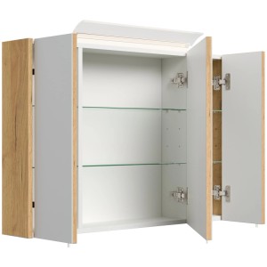 Posseik Spiegelschrank 90 cm Eiche Gold, offen, mit LED-Lampe, Glasböden, weißem Innenraum.