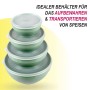 Bestgoodies Vorratsdosen 4er Set, rund, grün, gestapelt mit transparenten Deckeln.