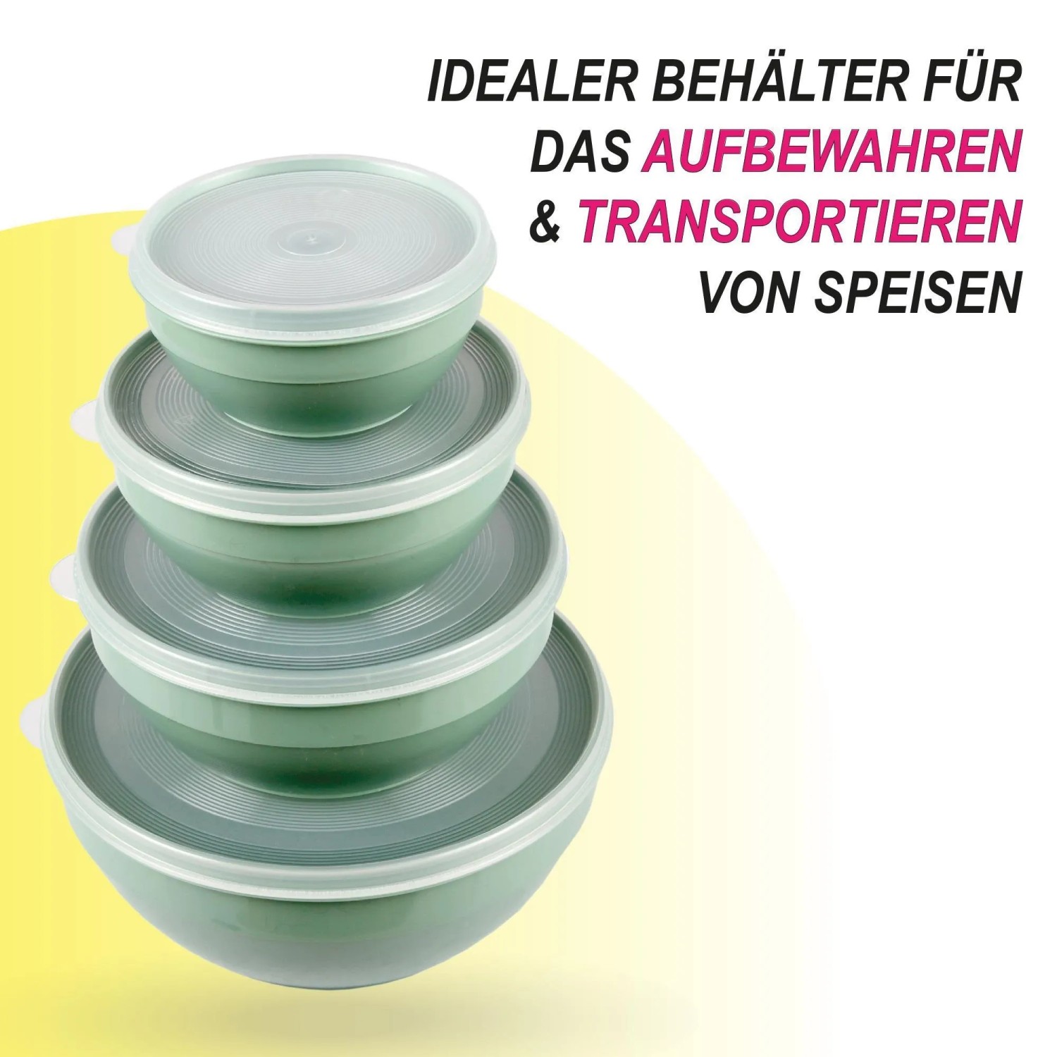 Bestgoodies Vorratsdosen 4er Set, rund, grün, gestapelt mit transparenten Deckeln.