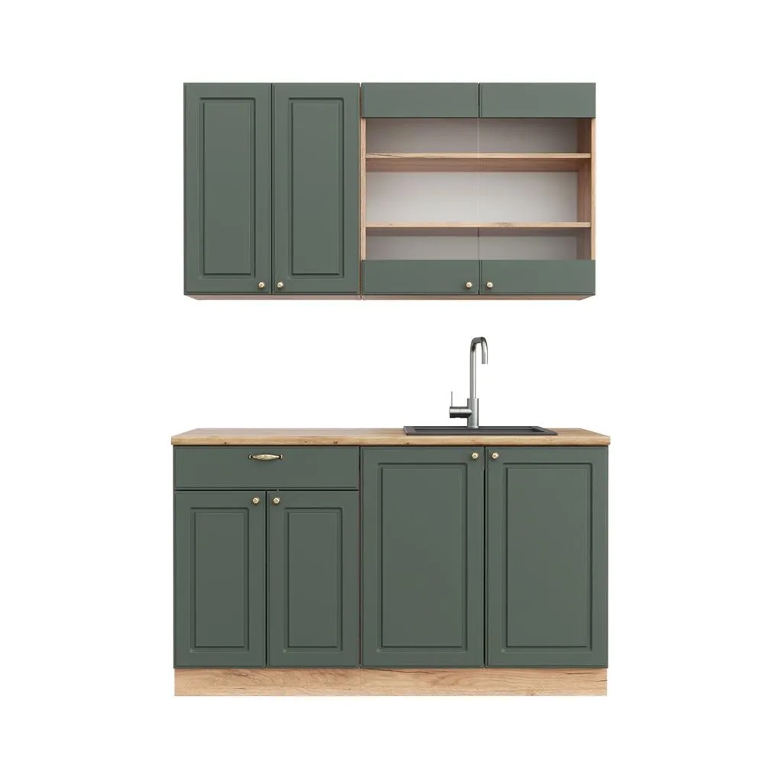Vicco Fame-Line Singleküche Grün-Gold Landhaus Goldkraft Eiche 140 cm AP Eiche ohne E-Geräte