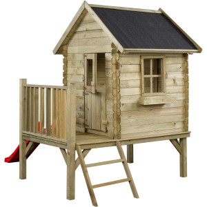 SwingKing Spielhaus Camilla mit roter Rutsche, Holz, 177x184x210 cm.