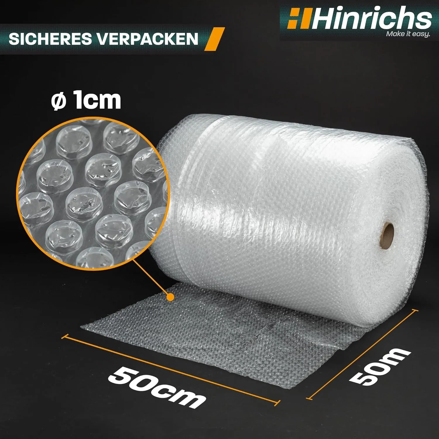 Rolle Hinrichs Luftpolsterfolie, 50m x 0,5m, zum sicheren Verpacken und Polstern.