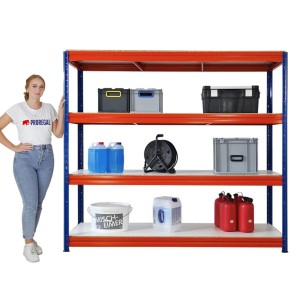 PROREGAL Mega Deal 4x Schwerlastregal Dino HxBxT 180x200x60cm 4 Melamin-Ebenen 16mm Fachlast 500kg Blau/Orange
