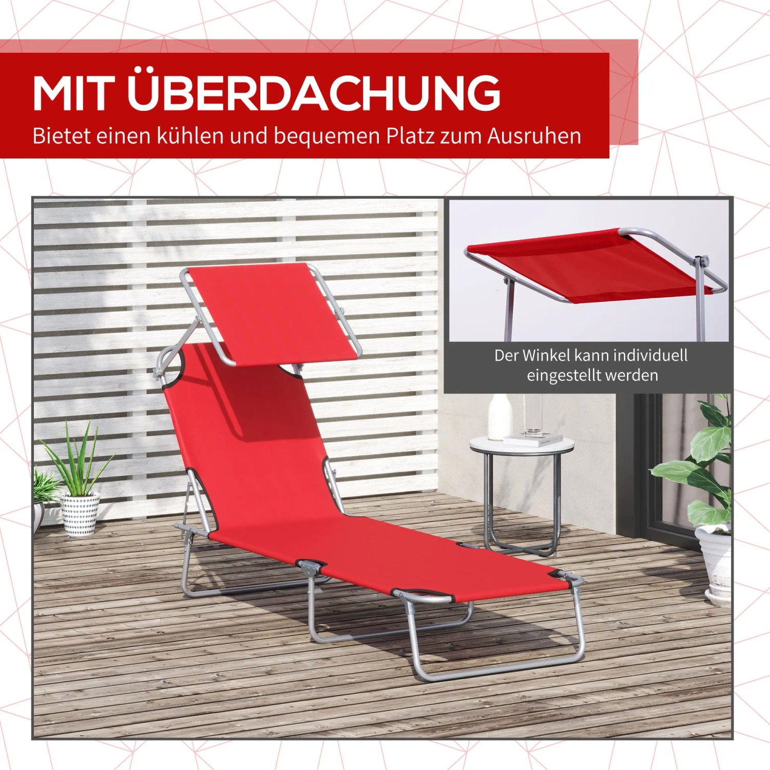 Rote Outsunny Sonnenliege mit Dach, klappbar und bis 120 kg belastbar. Gartenliege für Terrasse und Balkon.